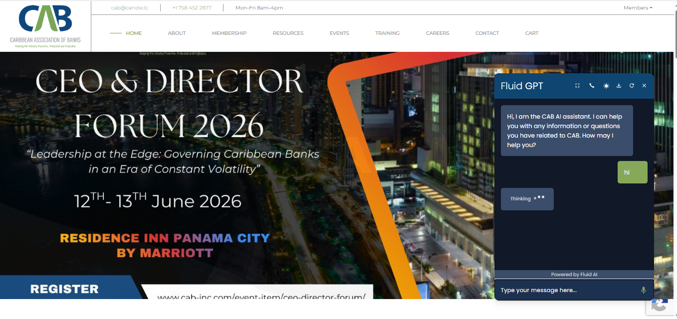 Caribbean Association of Banks CEO & Director Forum 2026 website with Fluid GPT AI assistant live in production
