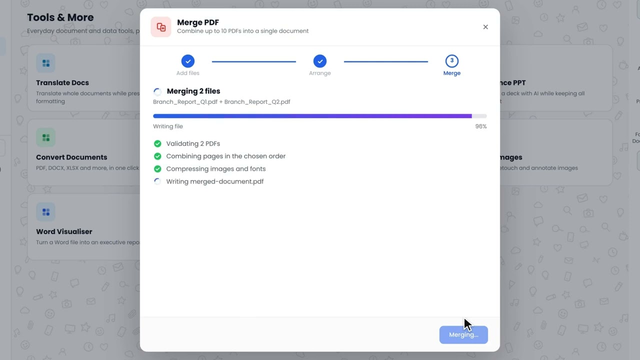 Merge PDFs product demonstration